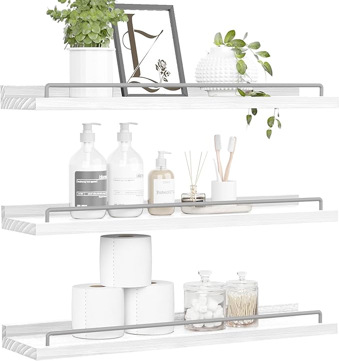 RYOFOBETTO 22 inches Long Floating Shelves, Bathroom Decor Shelves Over Toilet, Farmhouse Wall Shelves for Living Room, Bedroom, Picture Frames, Plants, Kitchen, Set of 3 (White and Grey)