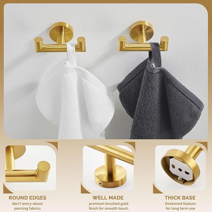 Angle Simple Towel Double Hook Brushed Dark Gold 2 PCS, SUS304 Stainless Steel Bathroom Hand Towel Holder, Double Robe Hook, Wall Mount