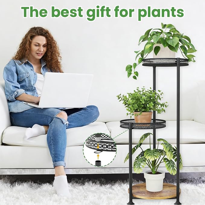 3 Tier Large Plant Stand Indoor Outdoor Clearance 10in Wide Metal Wood Plant Stand for Multiple Plants Black Tall Narrow Plants Display Organizer for Corner Living Room Porch Patio Garden Office