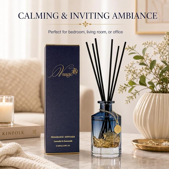 VANGIE Luxury Reed Diffuser for Home | Lavender & Chamomile Calming Scent | Floating Gold Leaf Glass Bottle | Long-Lasting Aroma | Vegan | Bedroom, Bathroom & Relaxing Spaces