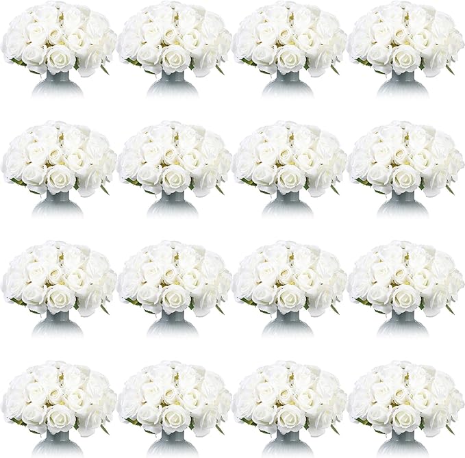 Jexine 240 Pcs Artificial Rose Flowers Bouquet Silk Realistic Flowers Bulk Centerpieces DIY Bride Fake Rose for Home Bridal Wedding Party Decorations(White)