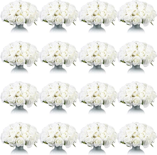 Jexine 240 Pcs Artificial Rose Flowers Bouquet Silk Realistic Flowers Bulk Centerpieces DIY Bride Fake Rose for Home Bridal Wedding Party Decorations(White)
