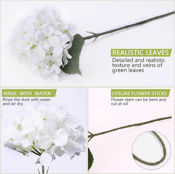 4 Pcs Long Stem Big Size Artificial Hydrangea Flowers for Home Wedding Decor, Party Centerpieces, Office Decoration,Shower (White)