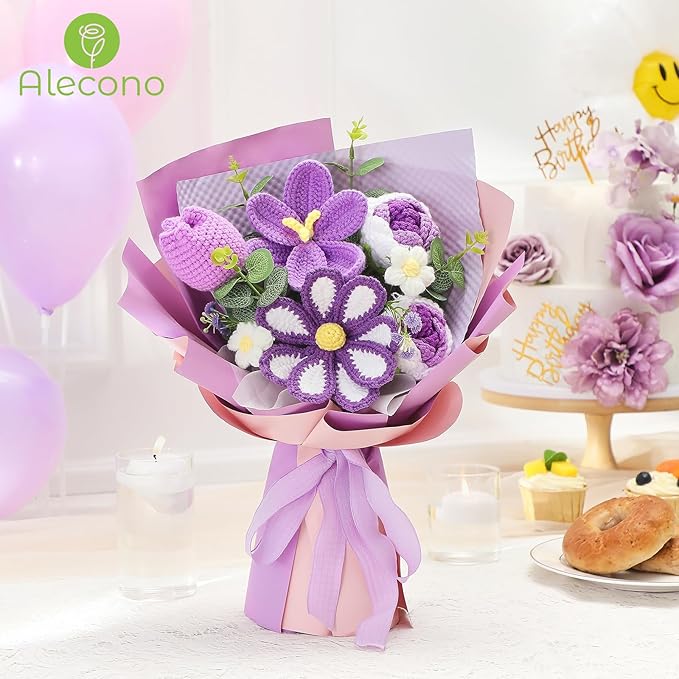 Alecono Crochet Flower Bouquet, Purple Knitted Flowers, Crochet Tulip Galsang Flower for Lover Anniversary Birthday Party Mother's Day Graduation Gifts (Include Card)