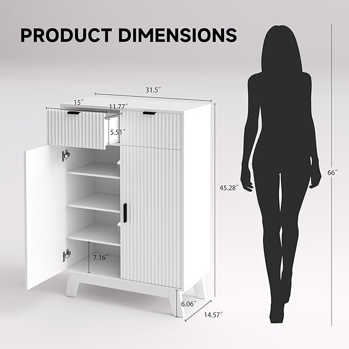 BOXACTION Fluted Shoe Cabinet, 4-Tier Mid Century Modern Narrow Shoe Storage Cabinet with Doors & 2 Drawers, Adjustable Shelves, Freestanding Hidden Shoe Rack Organizer & Wooden Legs for Entryway