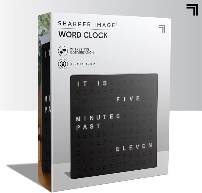 Sharper Image LED Word Digital Clock, 7.75", Black Finish, Light-Up Desk & Wall Clock, Modern Time Display, Shelf or Wall Decor for Home Office, Living Room, Kitchen & Bedroom, Housewarming Gift