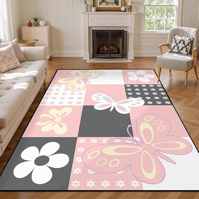 5'x7' Butterfly Area Rug Pink Butterfly Checkered Rugs for Bedroom Living Room Nursery Kitchen Playroom Home Decor Cute Flower Carpet Washable Non Slip Floor Mat