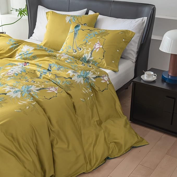 EAVD Vintage Garden Botanical Flower Cute Birds Pattern Duvet Cover King Cotton Yellow Chic Floral Tree Branches Printed Bedding Set with 2 Pillowcases Gorgeous Flower Duvet Cover with Zipper Closure