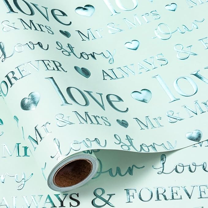 RUSPEPA Wedding Wrapping Paper, Mini Roll, Bridal Shower Gift Wrap, Mint Green Gold Foil LOVE Design, Perfect for Engagement, Anniversary, 17 Inches x 16.5 Feet