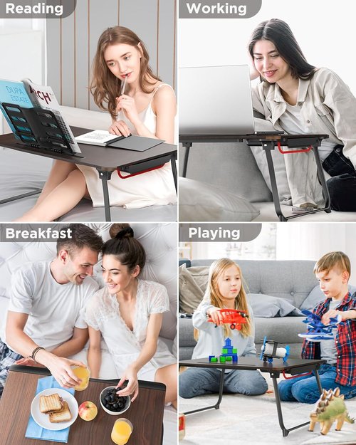SAIJI XX-Large Laptop Desk - Foldable Bed Tray Table with Storage Drawer & Handrest | Black Cherry