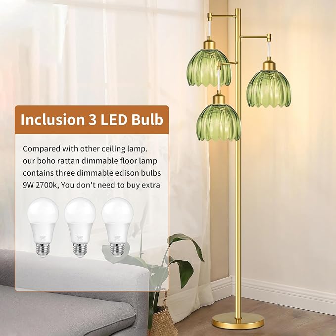 Glass Floor Lamp for Living Room,Bedroom,Gold Mid Century Modern Standing Lamp Brass Tree 3 Light Tall Floor Lamps Vintage Retro Floor Lights Green Flower Lamp Shade Farmhouse Boho Bohemian