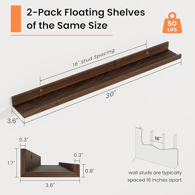 RICHFOCUS Picture Ledge Shelf, 30 inch Floating Shelves Set of 2, Wood Wall Shelves with Lip, Wall Decor Storage for Bedroom Living Room Bathroom Kitchen Nursery Photo Picture, Walnut