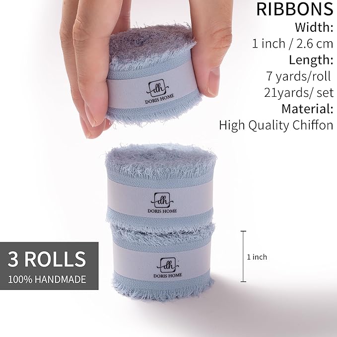 DORIS HOME Dusty Blue Chiffon Ribbon for Flower Bouquet, 1" x21Yd Fabric Ribbon for Gift Wrapping, Handmade Frayed Ribbon for Wedding Invitations/Christmas Decorations