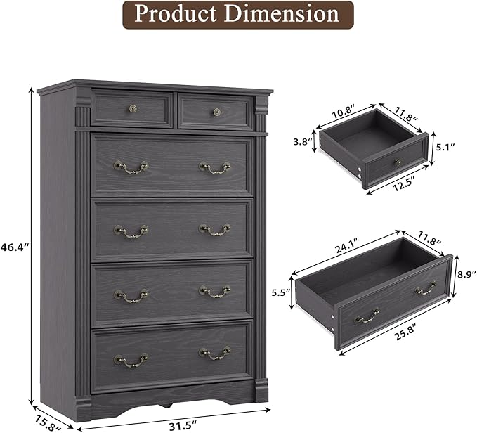 Grey 6 Drawer Dresser for Bedroom, 47" Tall Dresser, Wood Rustic Chest of Drawers with Chic Wood Pilasters, Dressers Organizer for Bedroom, Hallway, Living Room