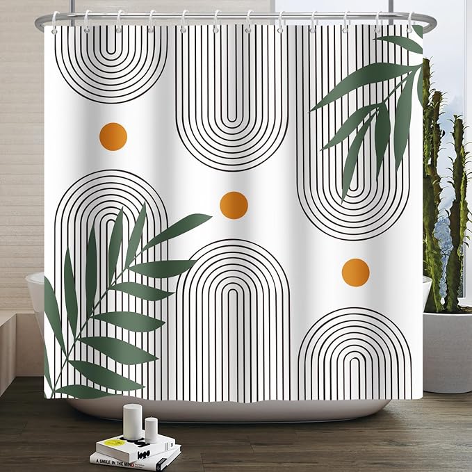 Boho Mid Century Shower Curtain Bohemian Minimalist Geometric Arch Sun Bathroom Curtain Sage Green Plant Polyester Shower Curtain Sets for Bathroom Extra Long 60x72 in with 10 Hooks