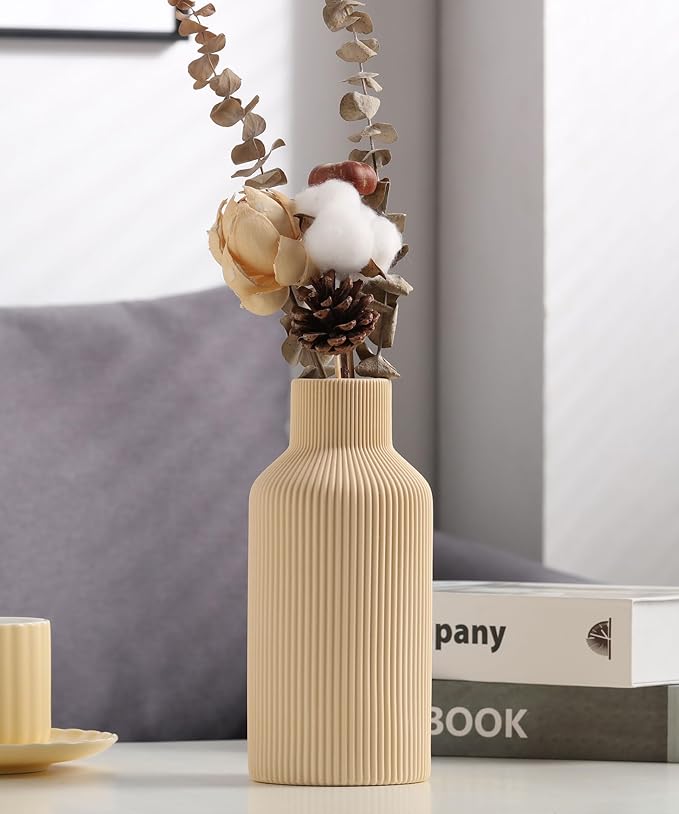 Ceramic Flower Vase,Minimalist Modern Farmhouse Decorative,Small Boho Vase for Pampas Grass,Table,Shelf Bookshelf Decor,Mantel,Entryway Decoration and Centerpieces(8 inch,Beige)
