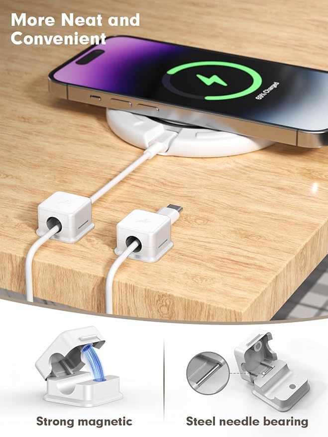 8 Pack Cord Organizer Magnetic Cable Clips Adhesive Cable Management Phone Wire Holder Keeper Organizer for Home Office Desk Car Nightstand, White