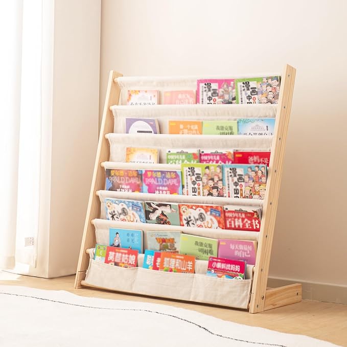 Wooden Bookshelf for Kids Wood Bookrack Canvas Book Storage Shelf Display Bookshelf 6 Tier Kids Book Rack for Bedroom Living Room Playroom Storage Organizer Natural (29.52" L x 11.81" W x 31.10" H)