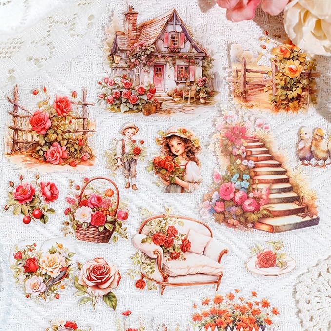 180pcs PET Garden Landscape Scrapbook Paper Journaling Sticker Flower Stickers for Scrapbooking Vintage Stickers Aesthetic Flowers Floral Sticker Pack Junk Journal Decorative Paper Scrapbook Supplies