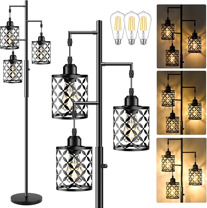 Dimmable Floor Lamp, Farmhouse Standing Lamp with Elegant Metal Cage, Industrial Tall Tree Floor Lamps for Living Room, Bedroom, Study Room, Office, 2400LM LED Bulbs Included - 68", Black