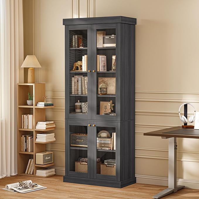 Vyre 70.8" Tall Farmhouse Bookshelf, Modular Bookcase with Glass Doors, 6-Tier Adjustable Shelves, Large Storage Cabinet for Kitchen, Living Room, Black, Set of 4
