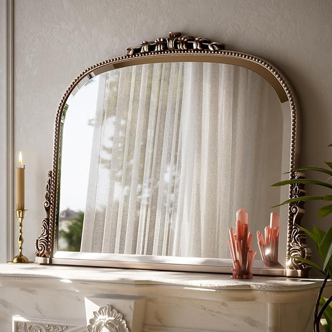 Wall Beaded Mirror, 44 x 32 Inch Round Top Right Angle Wall Mirror, Tempered Glass, Rust Resistant, Horizontally or Vertically Hanging, Silver