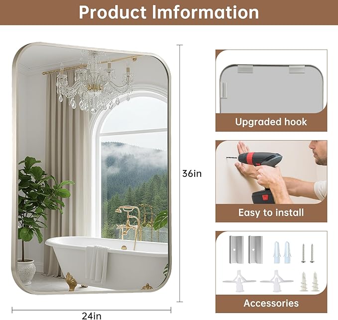Brushed Nickel Mirror, 24"x36" Rectangle Bathroom Mirror, Metal Frame Rectangle Corner Vanity Mirror, Wall Mounted Mirror for Modern, Living Room, Bedroom, Horizontal Or Vertical