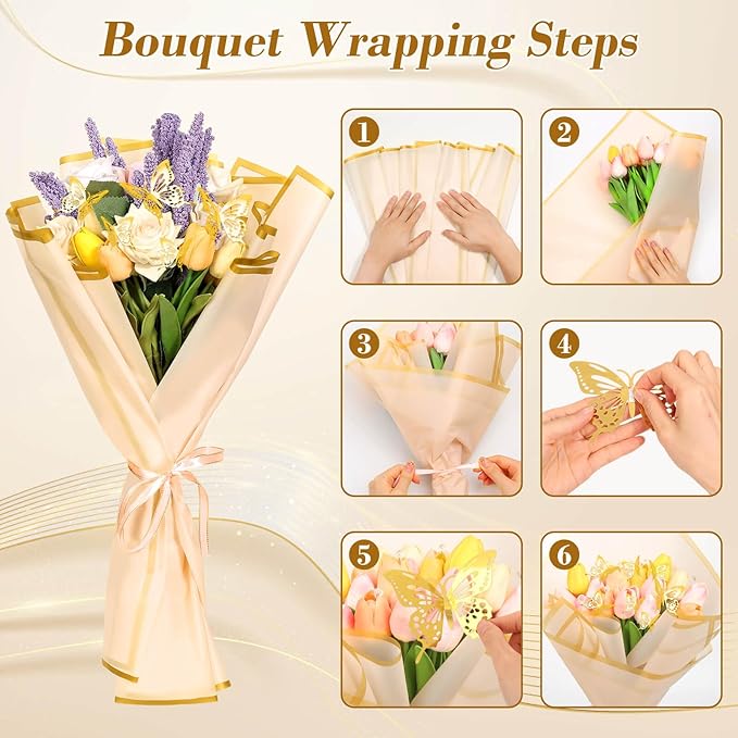 cridoz 20 Sheets Flower Bouquet Wrapping Paper with 12 Pieces Gold Butterfly Decorations for Flower Bouquets, Gift Wrapping(Champagne)