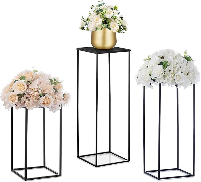 Nuptio Black Vase Plant Stand - 3 Pcs Tall Flower Vases for Wedding Birthday Party Centrepieces - Metal Column Display Table Rack Indoor Corner Flower Stand for Living Room Decor(15.7/23.6/31.5in)