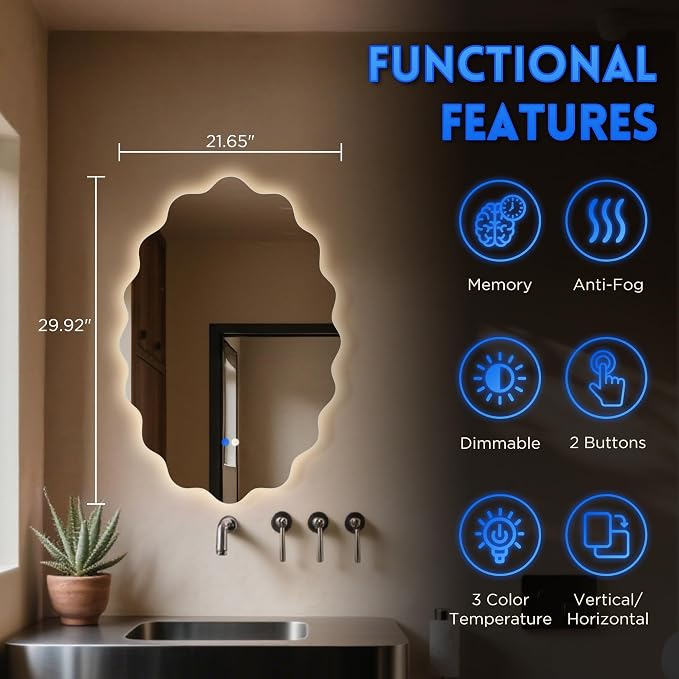 Oval Wavy Led Bathroom Mirror- Vanity Mirror with Lights IP54 Enhanced Anti-Fog,Single Piece 22"x30" 3 Colors Dimmable, Memory,Tempered Glass,UL Listed