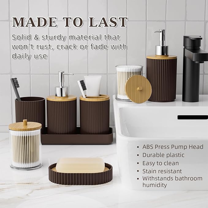 10PC Bathroom Accessories Set - Brown and Wooden Bathroom Sets, Bathroom Accessory Set with Pop Up Trash Can, Toilet Brush, Trash Can, Qtip Holder & Soap Dispenser