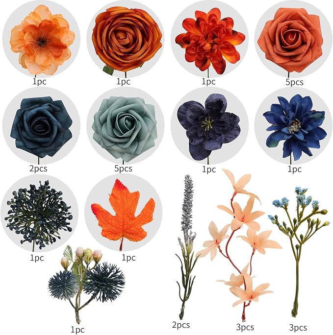 SwanMoon Artificial Flowers Combo Box Set, Halloween 26pcs Orange Silk Roses & Daisy with Stems for DIY Wedding Bouquets, Autumn Party Centerpieces & Home Decor