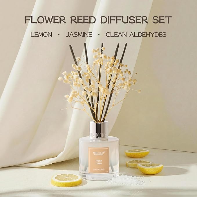 Airkeep Reed Diffuser Set,3.38 fl oz (100 ml) - Fresh Linen Oil Diffusers with 8 Reed Sticks, Home Fragrance Reed Diffuser for Bathroom Shelf Decor