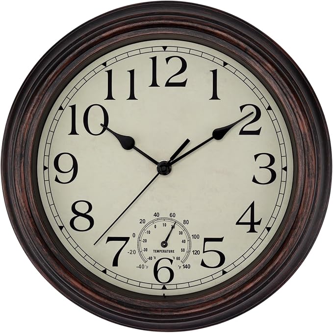 Foxtop Indoor Outdoor Waterproof Wall Clock with Thermometer, 12 Inch Retro Silent Non-Ticking Battery Operated Quartz Round Outdoor Clocks for Patio Pool Bathroom Porch (Bronze)