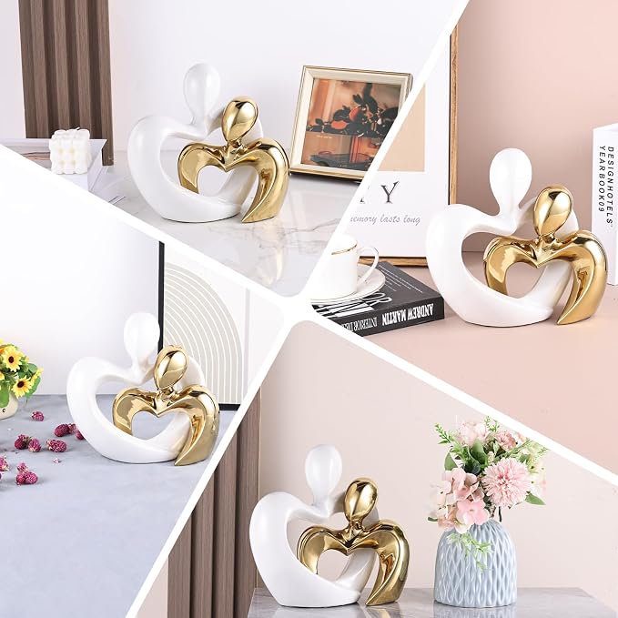 Gold Home Decor,Couple Statue Decor,Tv Stand Decor Living Room Decor Table ,Abstract Art Ceramic Statue and Sculpture,White Statues for Decor Couple Sculpture, Unusual Home Decor (White Gold)