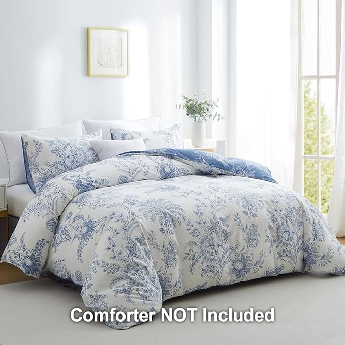Nayoroom Floral Duvet Cover Set King Size Cottagecore White Blue Flower Leaf Comforter Cover 3Pcs Soft Breathable Microfiber Pastoral Garden Aesthetic Bedding Set with Zipper Closure