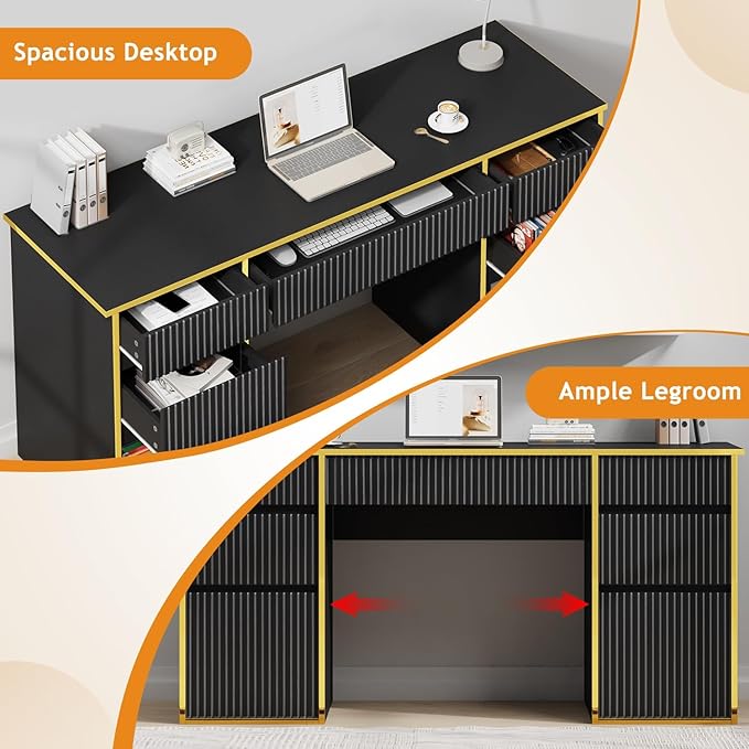 58 Inch Executive Desk with 7 Drawers, Black and Gold Desk with File Drawers for Bedroom, Home Office Desk with Storage for Study, Living Room