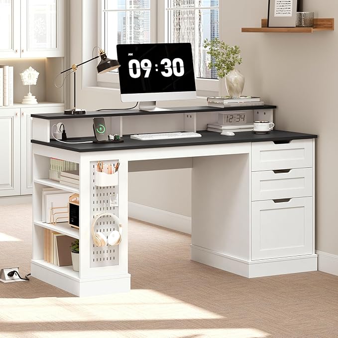 55-Inch Farmhouse Executive Desk with 2 Drawers and File Cabinet, Computer Desk with 3-Tier Storage Shelves, Home Office Desk with Charging Station, Pegboard and Monitor Shelf, White and Black