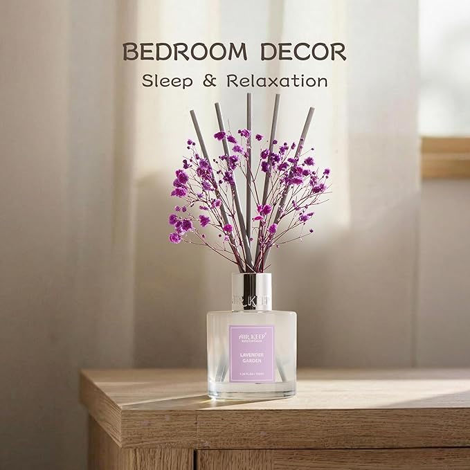 Airkeep Reed Diffuser Set,3.38 fl oz (100 ml) - Lavender Garden Oil Diffusers with 8 Reed Sticks, Home Fragrance Reed Diffuser for Bathroom Shelf Decor