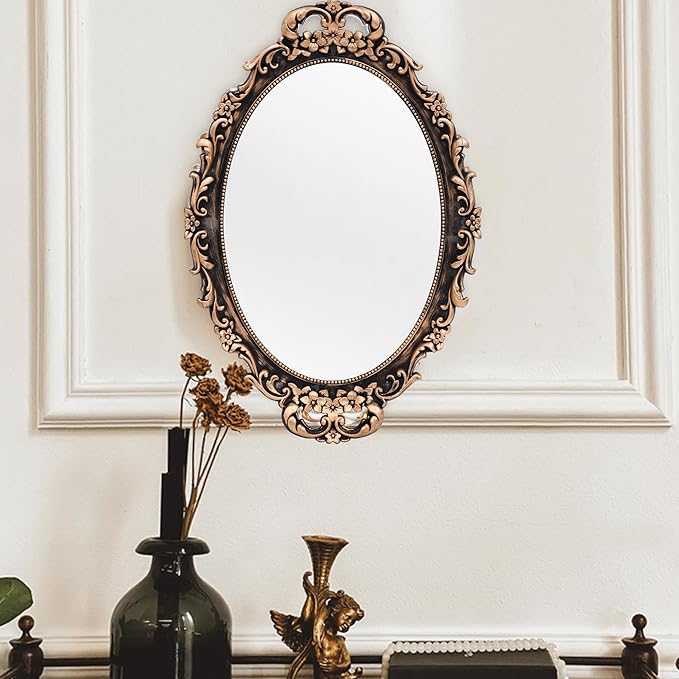 Tstarer Vintage Decorative Gold Framed Mirror, Wall Hanging Mirrors & Tabletop Tray for Bedroom Living Room Dresser Decor, Oval- 9.6" W x 14.3" L (BRONZE-2PACK)