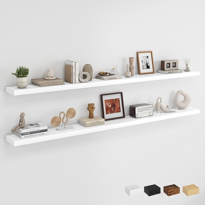 Dreamland 72Inch Floating Shelves for Wall, Rustic Wooden White Floating Shelves for Living Room, Kitchen, Farmhouse, Deep Wall Mounted Book Shelf, Wood Storage Display Shelf for Home Decor, Set of 2