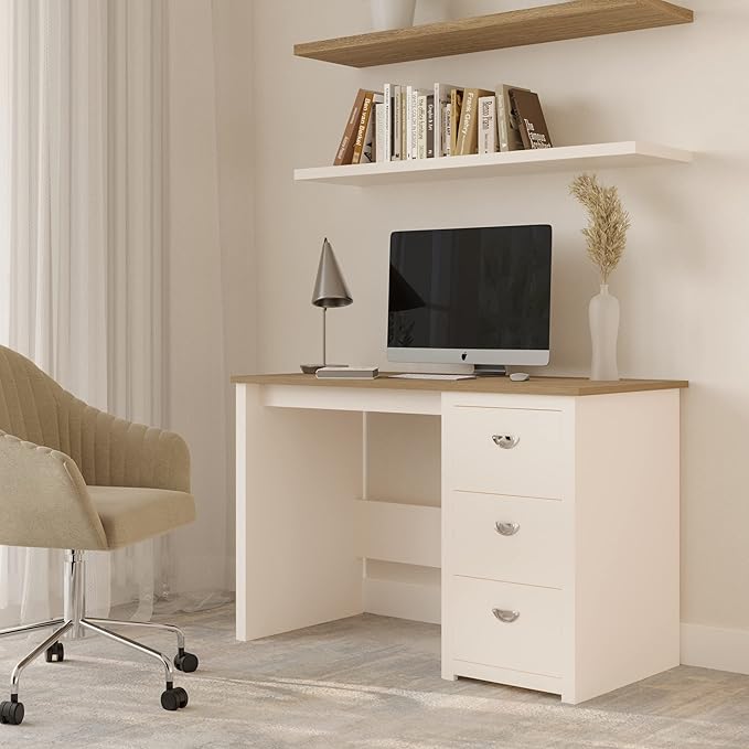 Computer Desk - Traditional Desk with Attached 3-Drawer File Cabinet - for Home Office, Bedroom, Computer, or Craft Table by Lavish Home (White)