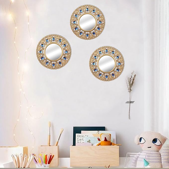 DXYAKY Gold Round Decorative Wall Mirrors Set of 3, Lightweight Plastic Framed Mirrors with Blue Crystal Accents, 9.8 Inch Vintage Boho Wall Decor for Livingroom, Bedroom, Entryway