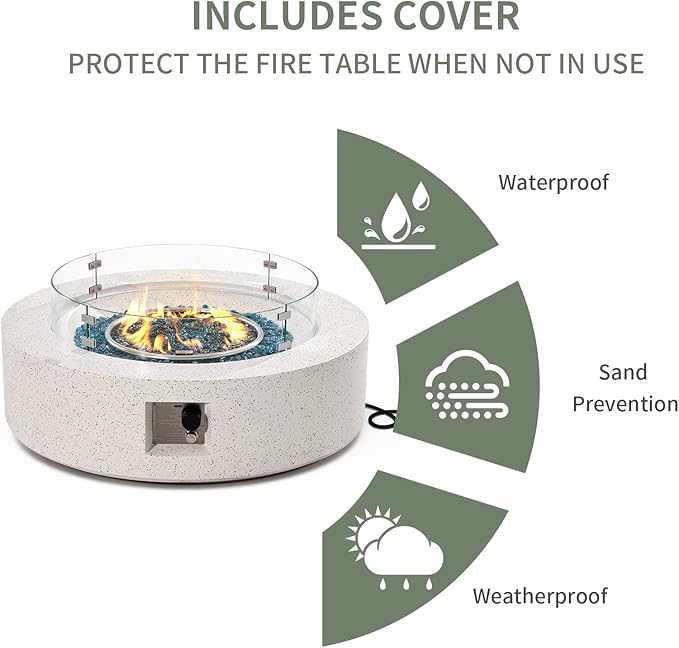 COSIEST Outdoor Propane Fire Pit Coffee Table w Terrazzo White 40.5-inch Round Base Patio Heater, Certified, 50,000 BTU Stainless Steel Burner, Wind Guard, Aqua Blue Fire Glass, Rain Cover
