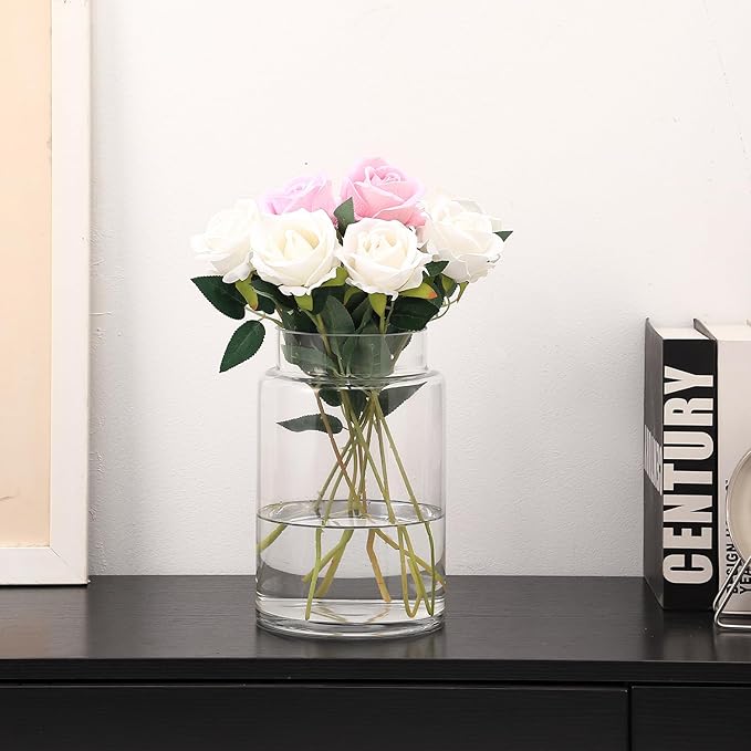 Large Glass Vase, 9 Inch Clear Glass Vase for Flowers, Large Flower Vases for Bouquet, Tall Wide Mouth Vases for Home, Wedding, Living Room, Coffe Table, Office Decor