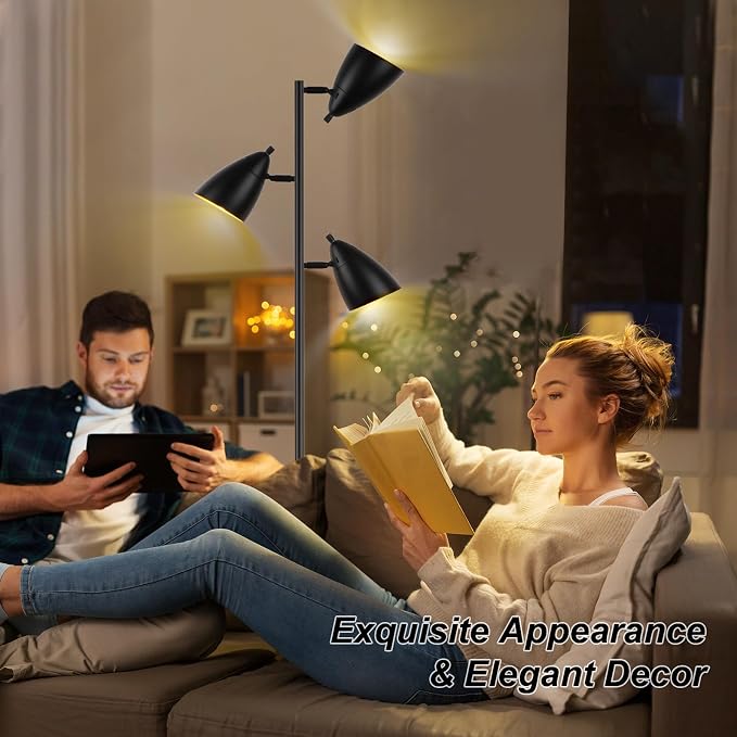 LALISU Tree Floor Lamp for Living Room, Industrial 3-Light Standing Lamp with 3 LED Bulbs, Adjustable Rotation Heads, Standing Tall Pole Lamp Farmhouse Rustic Reading Lamps for Bedroom Office (Black)