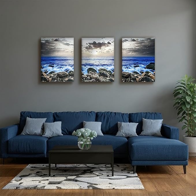 SERIMINO Beach Wall Art, Coastal Wall Art, Ocean Wall Decor, Modern Landscape Paintings Art Prints 3 Pieces Set, Seaside Canvas Pictures for Living Room Bedroom Bathroom Home Office Decoration 20"X28"