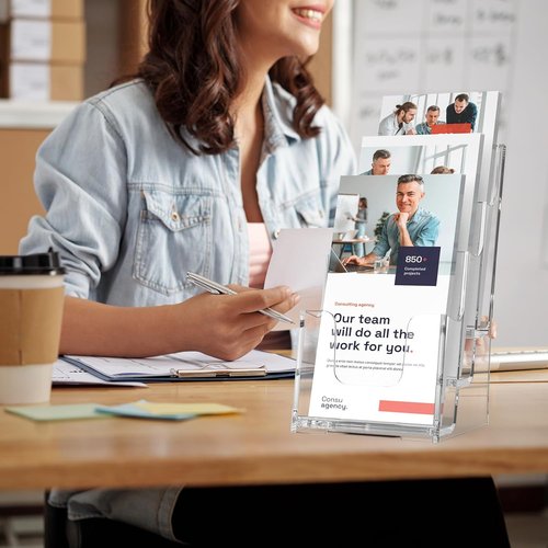 MaxGear Acrylic Brochure Holder - 3-Tier Clear Literature Display Stand | 4-Inch Wide, 2-Pack for Office or Home Use