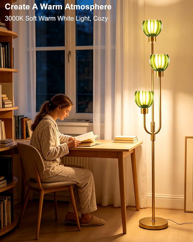 Lightdot 3-Lights Modern Glass Floor Lamp Gold Dimmable Floor Lamps with 3000K Warm White Bulbs for Wedding Party 66IN Tall Standing Lamp with Green Glass Shade for Living Room/Bedroom/Home Decor