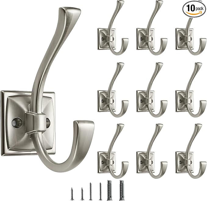 10 Pack Decorative Heavy Duty Towel Hooks for Hanging Robe Double Satin Nickel Coat Hooks Wall Mounted with Screws for Key, Towel, Bags, Cup, Hat
